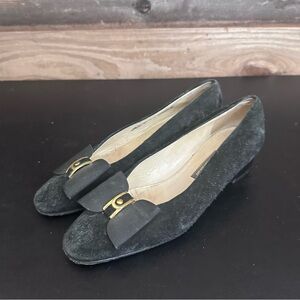 Bally Womens Black Suede Slip On Shoes 6 Made In Switzerland Bow Gold Accent